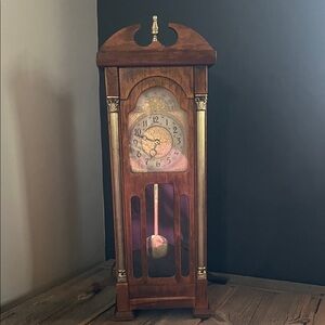 Vintage 1960s Elegant Brown Wooden mini Grandfather clock with Gold Accents